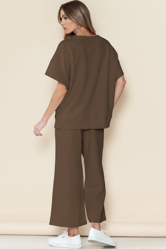 Brown Textured Loose Fit T Shirt And Drawstring Pants Set