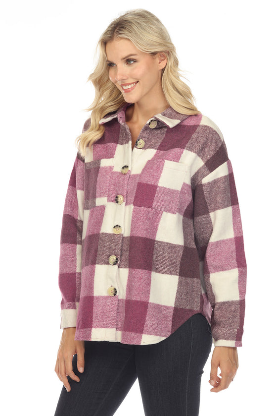 PLAID COLOR BLOCK BUTTONED LONG SLEEVE JACKET WITH POCKET