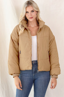  BROWN ZIP UP POCKETED PUFFER COAT