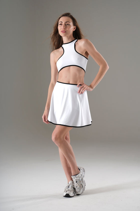 White Nylon Cut-Out Contrast Trim Tennis Dress (LA-TD001_WHT/BLK)