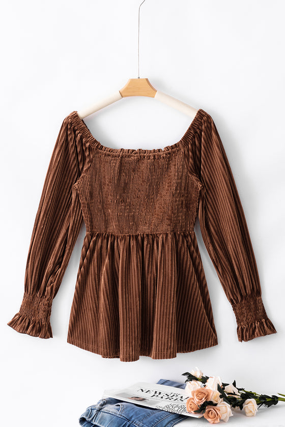 Smocked Ribbed Velvet Babydoll Top